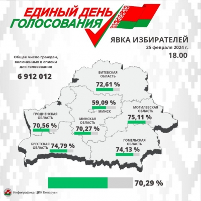 По данным Центральной избирательной комиссии Республики Беларусь  на 18.00 явка избирателей составила 70,29%