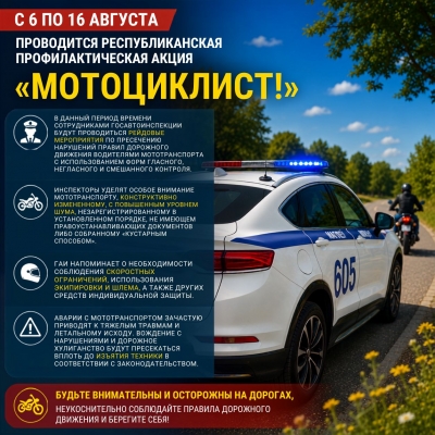 С&nbsp;6&nbsp;по&nbsp;16&nbsp;августа проводится республиканская профилактическая акция &laquo;Мотоциклист!&raquo;